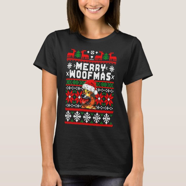 Camiseta Cachorro de Natal de german shepherd Woofmas (Frente)