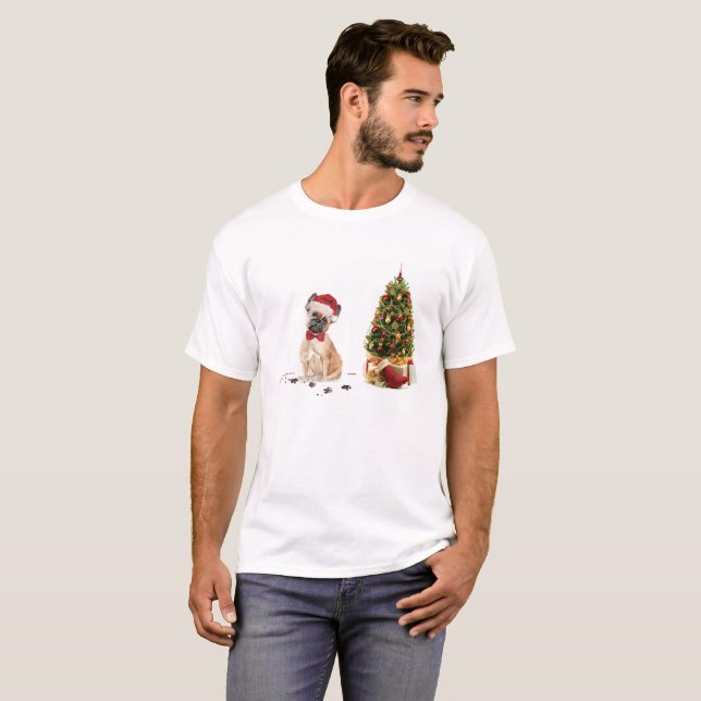Camiseta Cachorro de Natal Engraçado, Francês, com Árvore (Frente Completa)