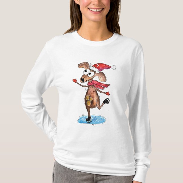 Camiseta Cachorro de Natal Whimsso em Skates de gelo (Frente)