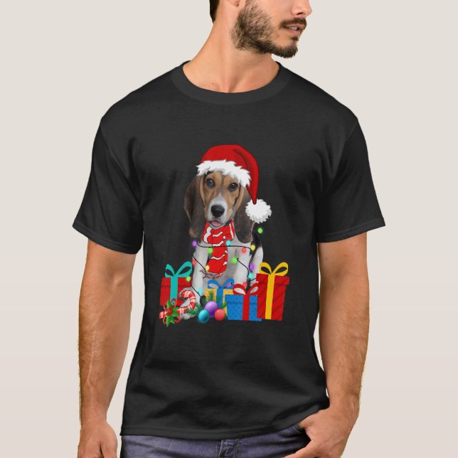 Camiseta Cachorro de Natal Xmas Luzes Santa Hat Pajama (Frente)