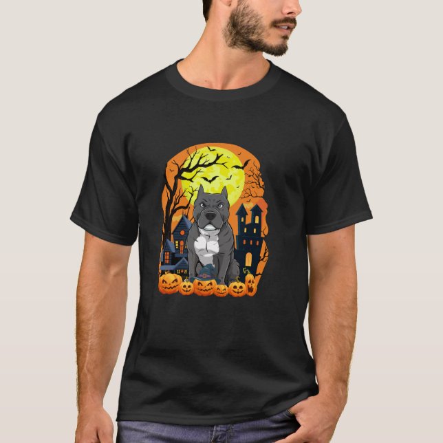Camiseta Cachorro De Pitbull Com Pumpkins Engraçada Hallowe (Frente)