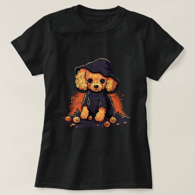 Camiseta Cachorro de Poodle Cortado, Halloween, Standard Po (Frente do Design)