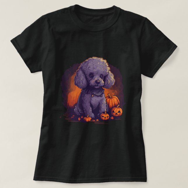 Camiseta Cachorro de Poodle Cortado, Halloween, Standard Po (Frente do Design)