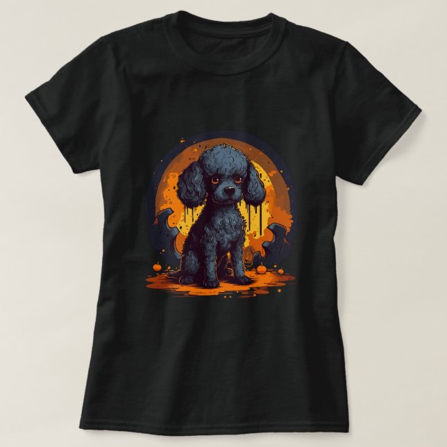 Camiseta Cachorro de Poodle Cortado, Halloween, Standard Po (Frente do Design)