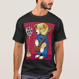 Camiseta Cachorro de Pop Art Tocando Instrumento Retro Cômi