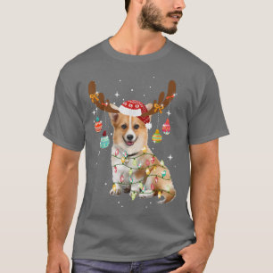 Camiseta Cachorro De Reindeer Corgi Com A Luz De Natal De S