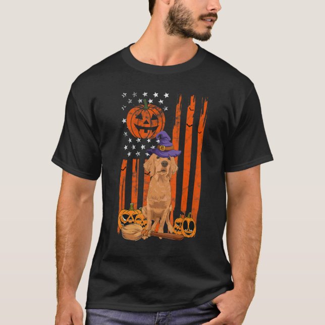 Camiseta Cachorro de Retriever Dourado com Chapéu de Bruxa  (Frente)