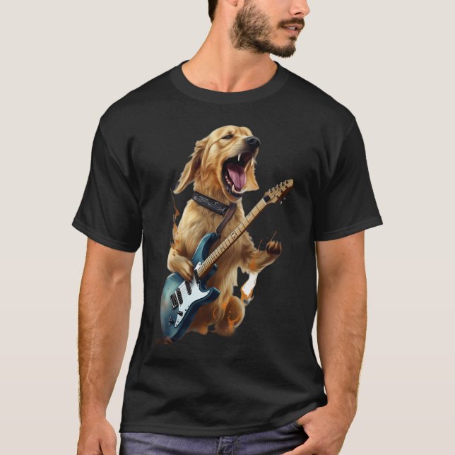 Camiseta Cachorro De Retriever ouro Jogando Violão Elétrico (Frente)
