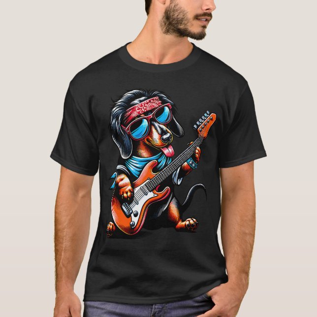 Camiseta Cachorro de Rocha Tocando Guitarra, Cachorro Dachs (Frente)
