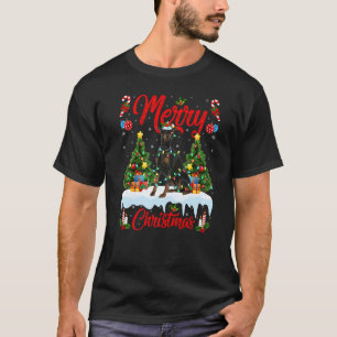 Camiseta Cachorro Doberman Acende Árvore de Natal Papai Noe