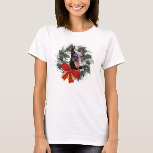 Camiseta Cachorro Doberman e Coroa de Natal (Frente)