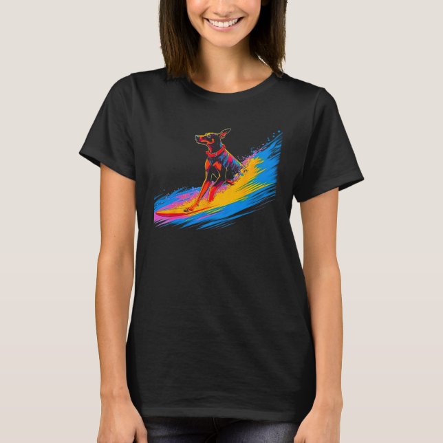 Camiseta Cachorro Doberman Pinscher Surfista (Frente)