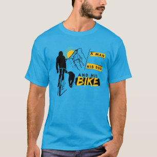 Camiseta Cachorro e bicicleta em montanhas ao ar livre
