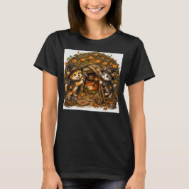 Camiseta Cachorro e Gato de Halloween Fofo Reparando uma Ra