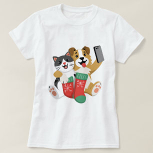 Camiseta Cachorro e Gato Fofo de Natal Selfie – Férias Dive