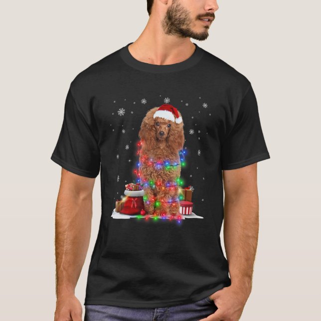 Camiseta Cachorro Engraçado Árvore de Natal Luzes de Natal  (Frente)