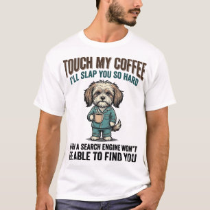 Camiseta Cachorro Engraçado Café Aviso Design de Gravura Vi