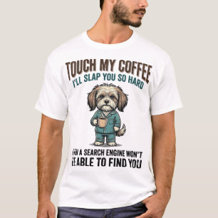 Camiseta Cachorro Engraçado Café Aviso Design de Gravura Vi