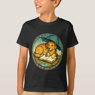 Camiseta Cachorro Engraçado Lendo Livro Chuva Guarda-Chuva