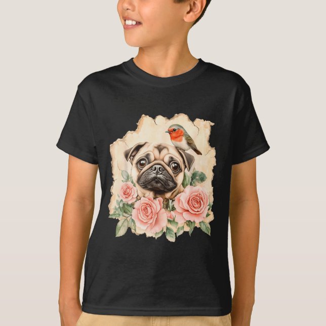 Camiseta Cachorro engraçado pug pássaro fofo  (Frente)