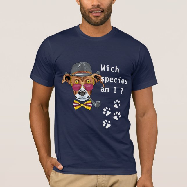 Camiseta Cachorro engraçado Que espécie sou eu, homem, azul (Frente)