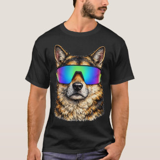 Camiseta Cachorro Engraçado Usando Óculos de Sol Arco-Íris 