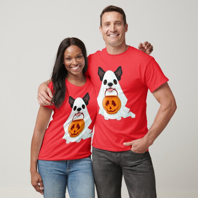 Camiseta Cachorro Fantasma Branco de Halloween com Balde de (Unissex)