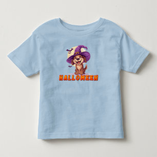 Camiseta Cachorro Feliz Usando Chapéu de Bruxa Celebrando o