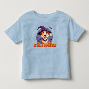 Camiseta Cachorro Feliz Usando Chapéu de Bruxa Celebrando o