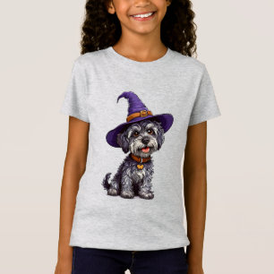 Camiseta Cachorro Feliz Usando um Chapéu de Bruxa