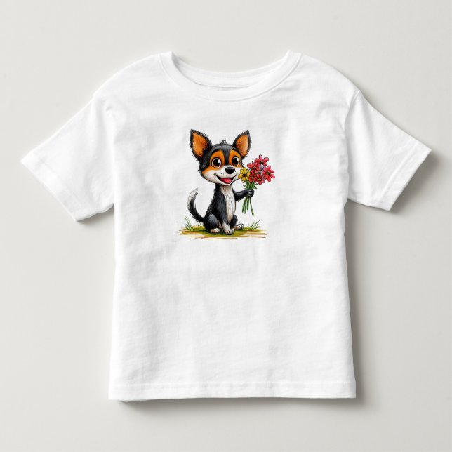 Camiseta Cachorro Fofo Com Flores Presente Para Crianças (Frente)