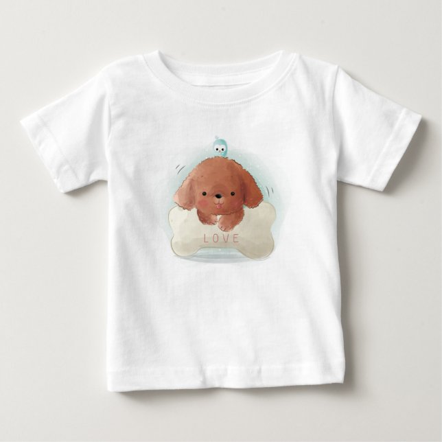 Camiseta Cachorro Fofo com um Pássaro e Osso (Frente)