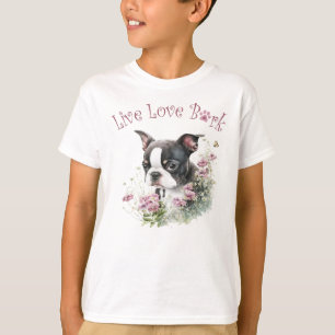 Camiseta Cachorro Fofo de Boston Terrier Floral