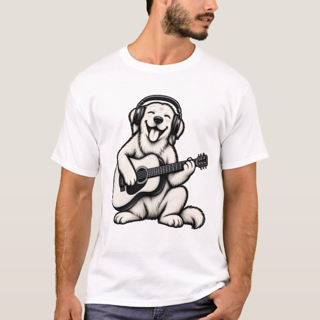 Camiseta Cachorro Fofo Tocando Guitarra com Fones  (Frente)