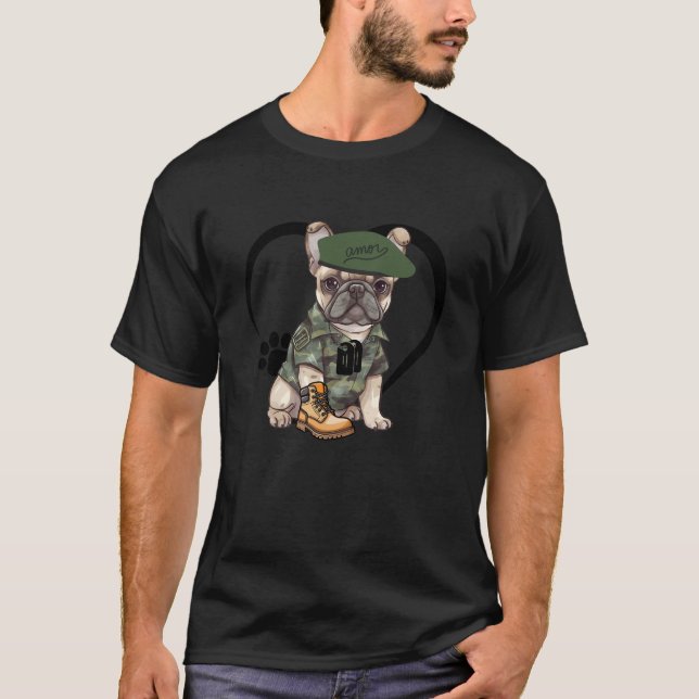 Camiseta Cachorro Francês em Camo Outfit & Green Beret (Frente)