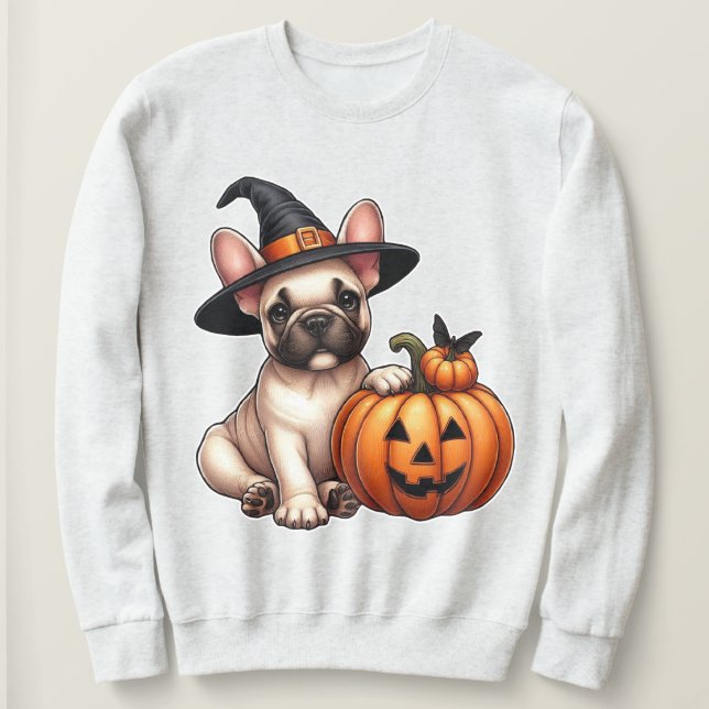 Camiseta Cachorro francês no Chapéu das Bruxas com Pumpkin (Frente do Design)