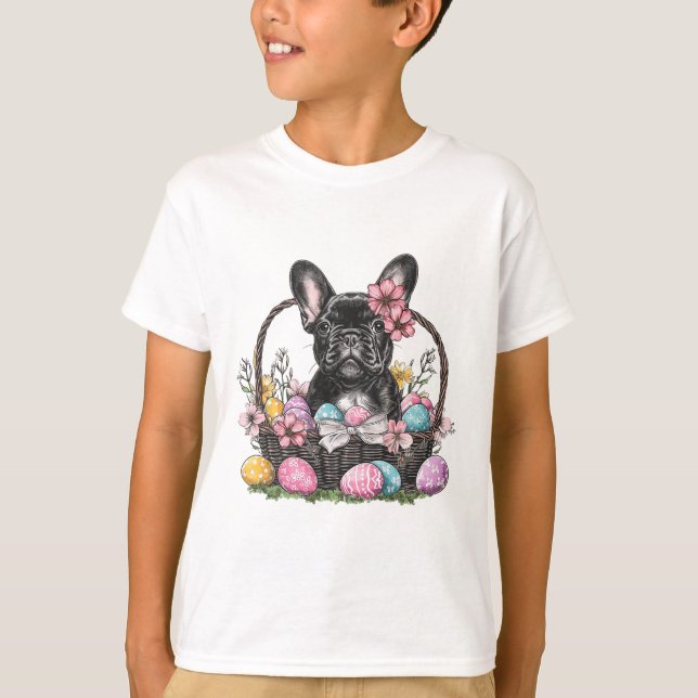 Camiseta Cachorro Frenchie Páscoa Cachorro Frenchie Ovos Ar (Frente)