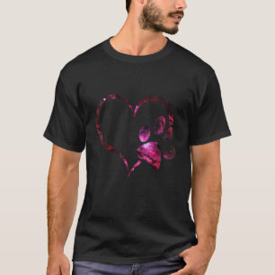 Camiseta Cachorro gato roxo rosa impressão de pata coração