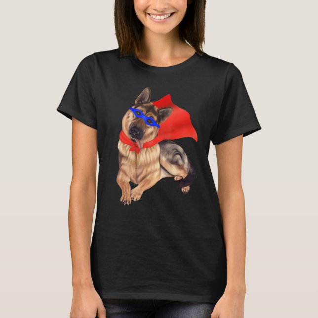 Camiseta Cachorro German shepherd De Super-Herói Em Máscara (Frente)