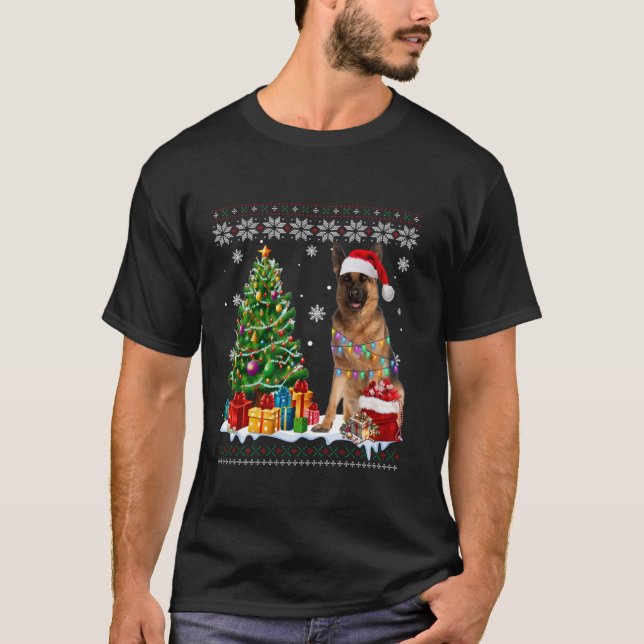 Camiseta Cachorro German shepherd Noel Hat Árvore de Natal (Frente)