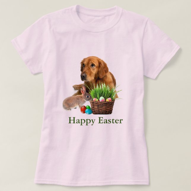 Camiseta Cachorro Golden Retriever da Páscoa e Coelho Rosa (Frente do Design)