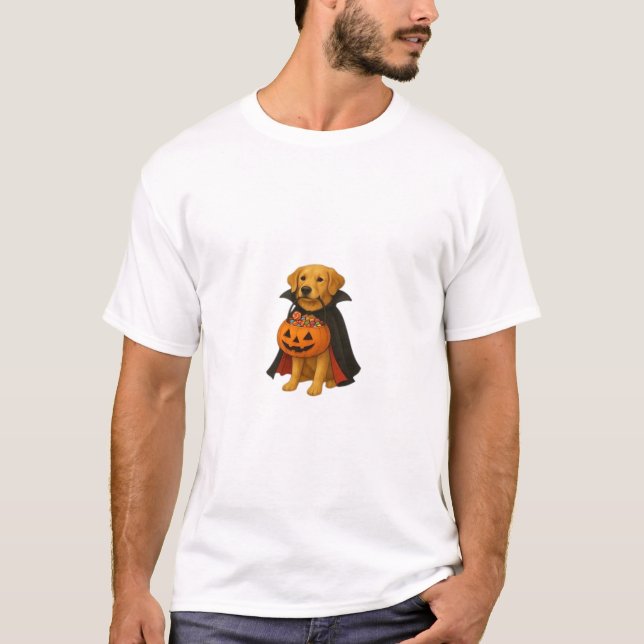 Camiseta Cachorro Golden Retriever de Halloween com Balde d (Frente)