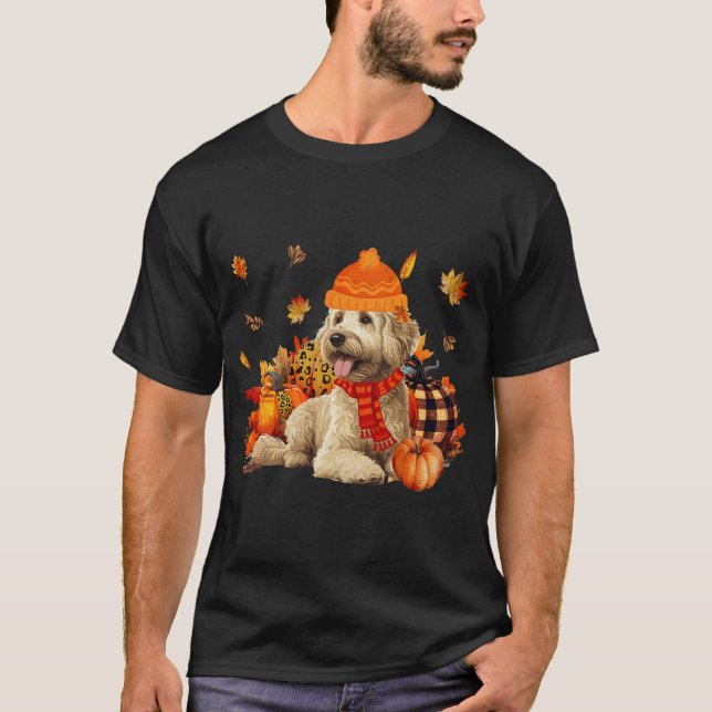 Camiseta Cachorro Goldendoodle Cachecol de Outono Bombas de (Frente)