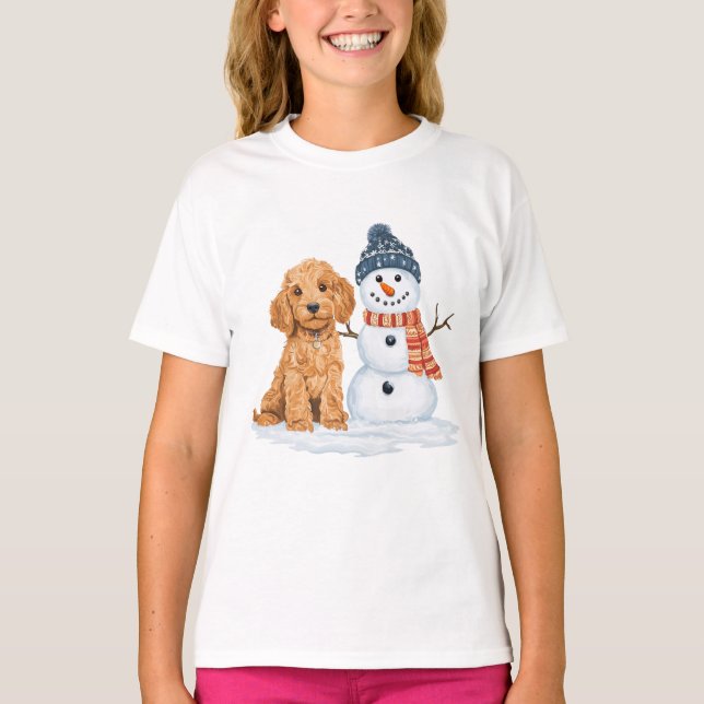 Camiseta Cachorro Goldendoodle no Inverno Fofinho Boneco de (Frente)