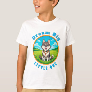 Camiseta Cachorro Husky de Desenho Animado Feliz Sentado ao