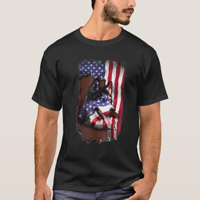 Camiseta Cachorro Husky Patriótico Engraçado Bandeira Ameri (Frente)