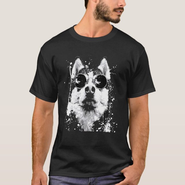 Camiseta Cachorro Husky Siberiano com Óculos de Sol Estilo  (Frente)