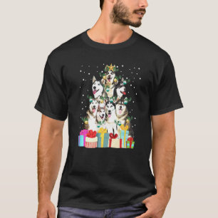 Camiseta Cachorro Husky Siberiano Fofo Luzes de Árvore de N