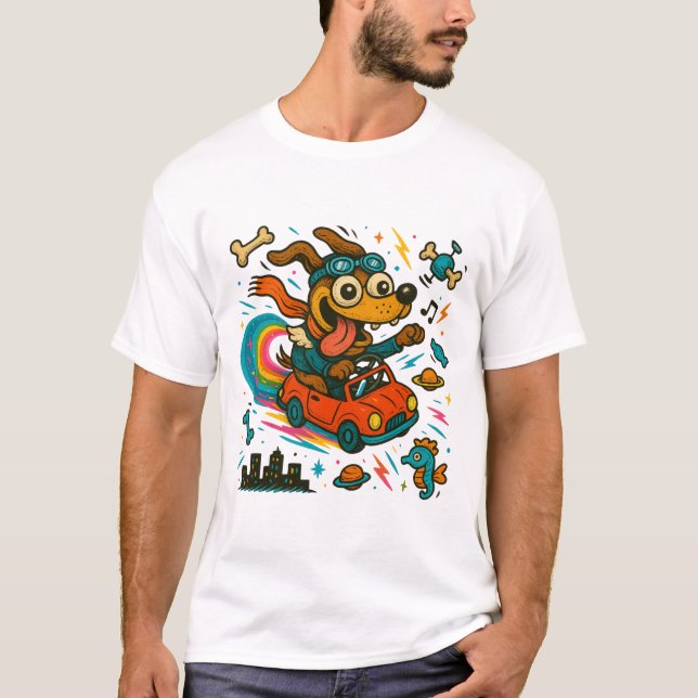 Camiseta Cachorro Idiota Conduzindo Pelo Espaço (Frente)