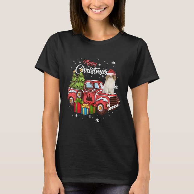 Camiseta Cachorro Japonês no Caminhão Vermelho Feliz Natal (Frente)